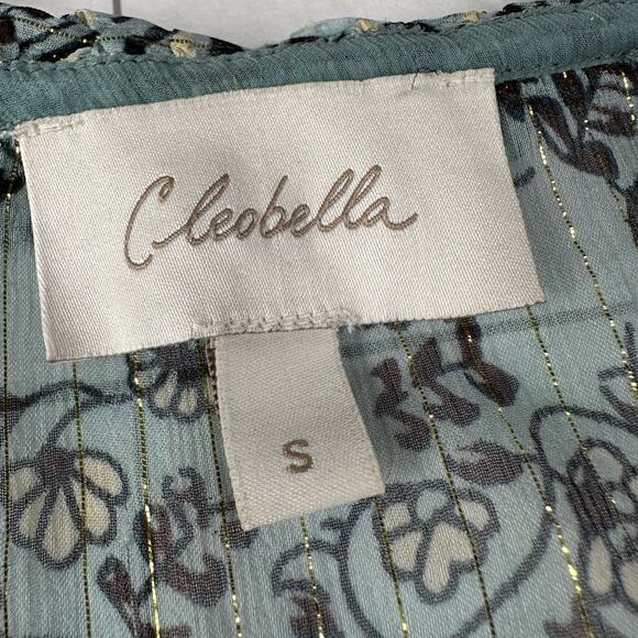 Cleobella Top Womens Small Green Loretta Iris Blue Peasant Boho Metallic Chiffon - Picture 5 of 9